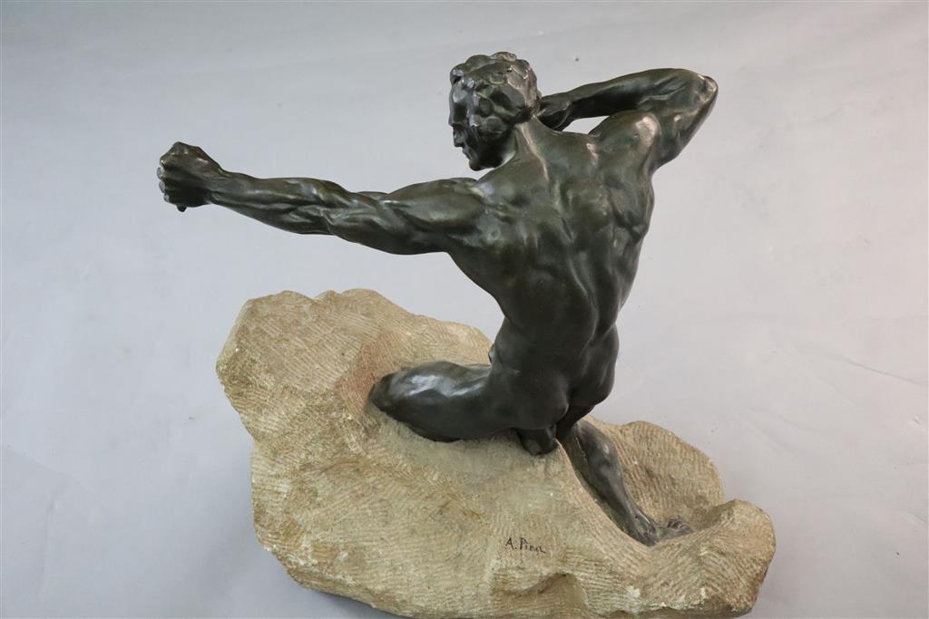 Alfredo Pina (1883-1966). A bronze figure of Héraclès kneeling upon a rocky mound, width 21in. height 20in.